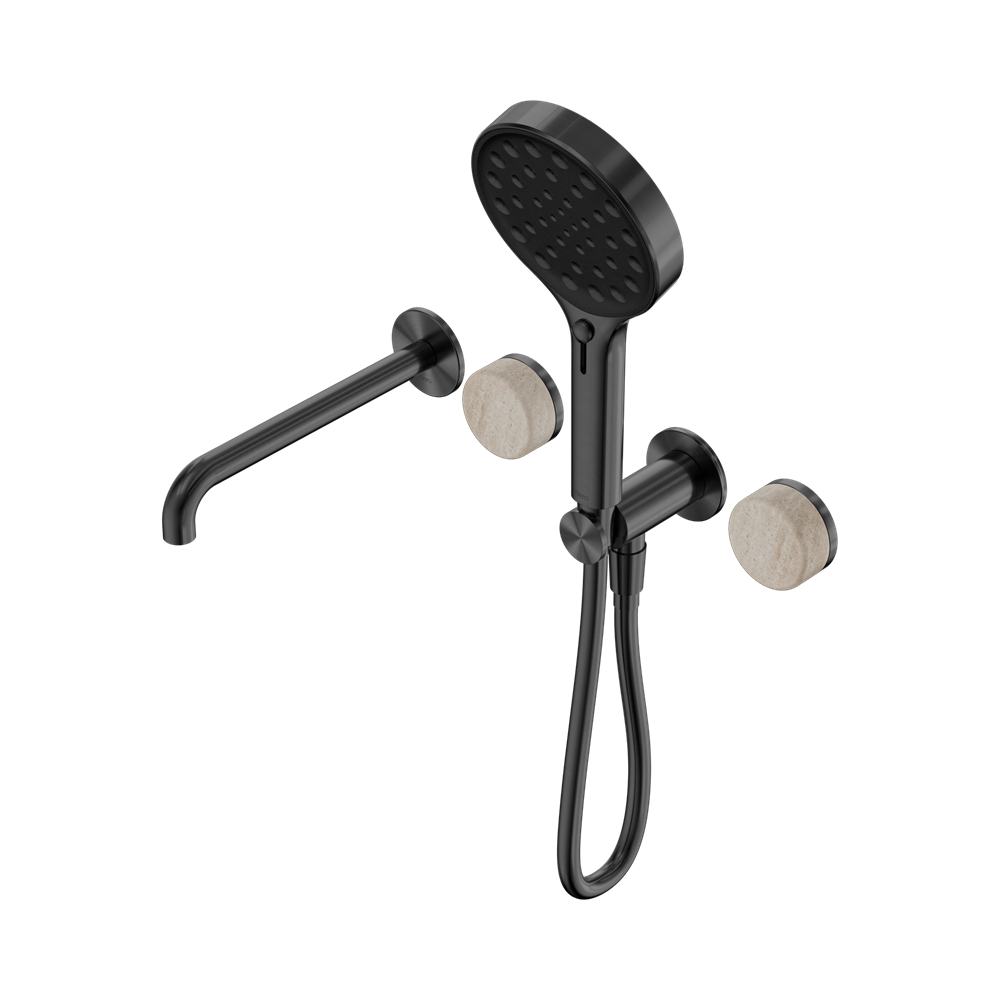 SERENITY PROGRESSIVE SHOWER SYSTEM WITH SPOUT WITH ROME TRAVERTINE HANDLE AND SERENITY HAND SHOWER GUN METAL
