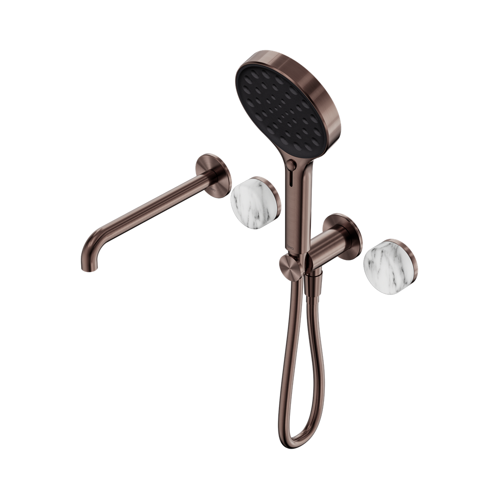 SERENITY PROGRESSIVE SHOWER SYSTEM WITH SPOUT WITH ARABESCATO CORCHIA HANDLE AND SERENITY HAND SHOWER BRUSHED BRONZE