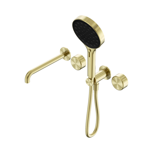 SERENITY PROGRESSIVE SHOWER SYSTEM WITH SPOUT WITH METAL HANDLE AND SERENITY HAND SHOWER BRUSHED GOLD