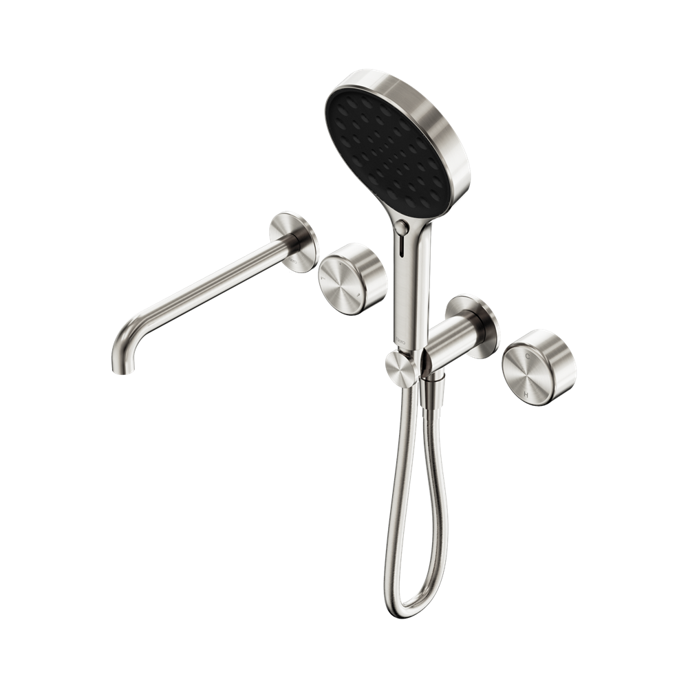 SERENITY PROGRESSIVE SHOWER SYSTEM WITH SPOUT WITH METAL HANDLE AND SERENITY HAND SHOWER BRUSHED NICKEL