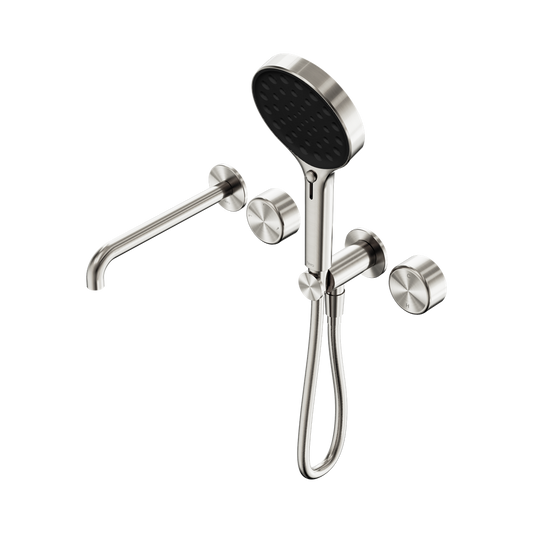 SERENITY PROGRESSIVE SHOWER SYSTEM WITH SPOUT WITH METAL HANDLE AND SERENITY HAND SHOWER BRUSHED NICKEL