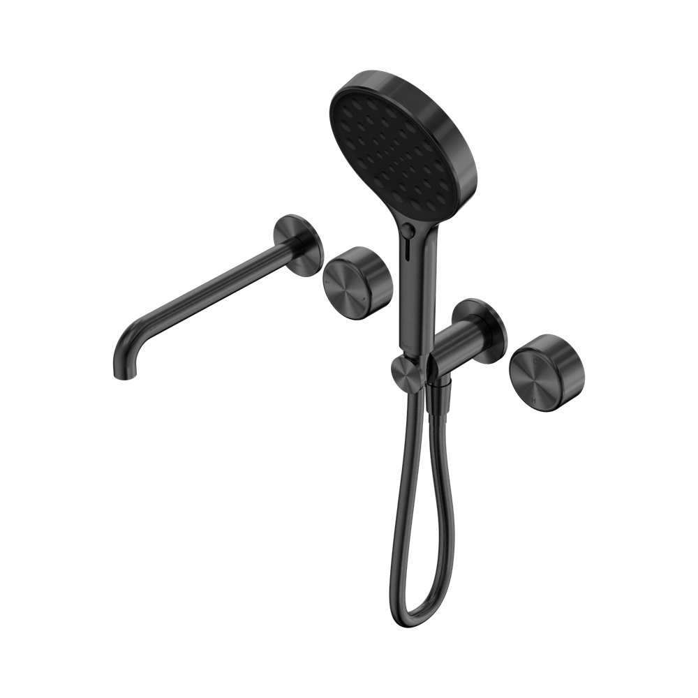 SERENITY PROGRESSIVE SHOWER SYSTEM WITH SPOUT WITH METAL HANDLE AND SERENITY HAND SHOWER GUN METAL