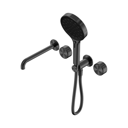 SERENITY PROGRESSIVE SHOWER SYSTEM WITH SPOUT WITH METAL HANDLE AND SERENITY HAND SHOWER GUN METAL