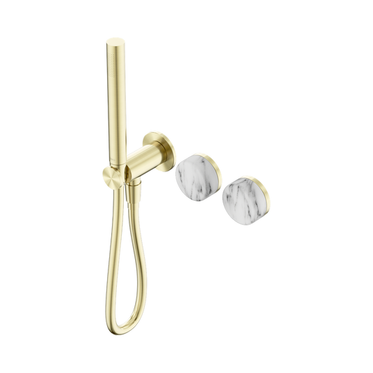 SERENITY PROGRESSIVE SHOWER SYSTEM WITH ARABESCATO CORCHIA HANDLE AND SLIM SHOWER BRUSHED GOLD