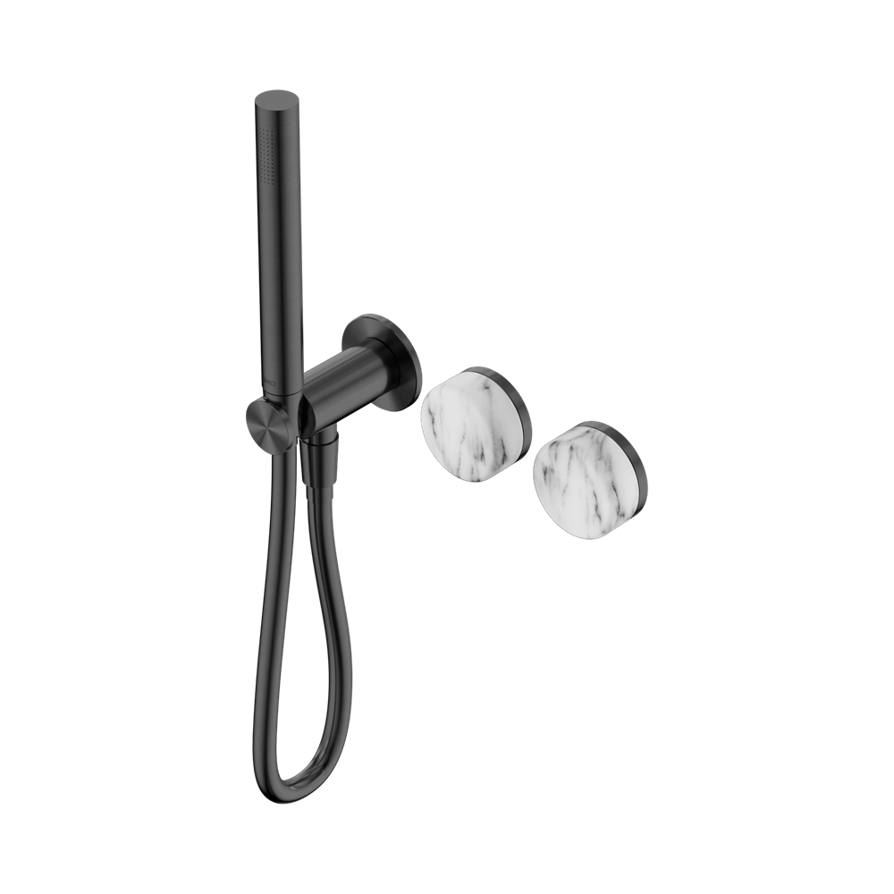 SERENITY PROGRESSIVE SHOWER SYSTEM WITH ARABESCATO CORCHIA HANDLE AND SLIM SHOWER GUN METAL
