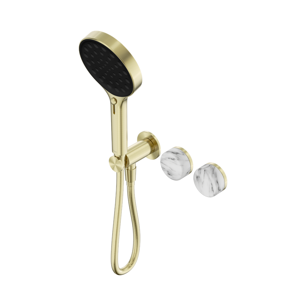 SERENITY PROGRESSIVE SHOWER SYSTEM WITH ARABESCATO CORCHIA HANDLE AND SERENITY HAND SHOWER BRUSHED GOLD
