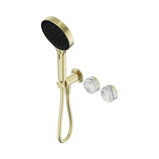 SERENITY PROGRESSIVE SHOWER SYSTEM WITH ARABESCATO CORCHIA HANDLE AND SERENITY HAND SHOWER BRUSHED GOLD