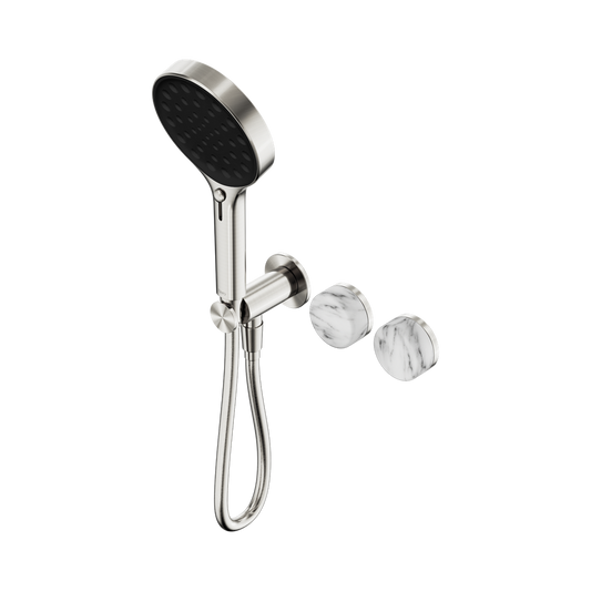 SERENITY PROGRESSIVE SHOWER SYSTEM WITH ARABESCATO CORCHIA HANDLE AND SERENITY HAND SHOWER BRUSHED NICKEL