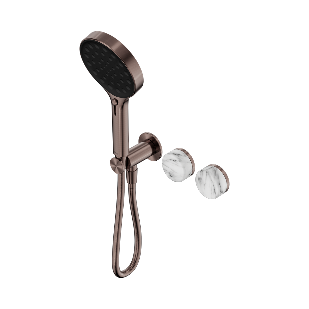 SERENITY PROGRESSIVE SHOWER SYSTEM WITH ARABESCATO CORCHIA HANDLE AND SERENITY HAND SHOWER BRUSHED BRONZE