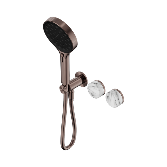 SERENITY PROGRESSIVE SHOWER SYSTEM WITH ARABESCATO CORCHIA HANDLE AND SERENITY HAND SHOWER BRUSHED BRONZE