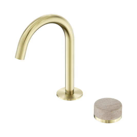 SERENITY PROGRESSIVE BASIN MIXER ARC SPOUT WITH ROME TRAVERTINE HANDLE BRUSHED GOLD