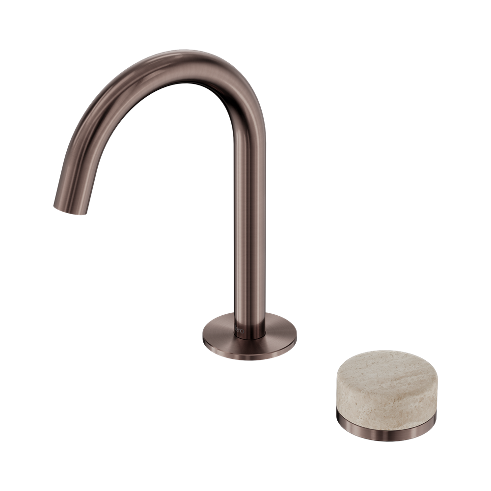 SERENITY PROGRESSIVE BASIN MIXER ARC SPOUT WITH ROME TRAVERTINE HANDLE BRUSHED BRONZE
