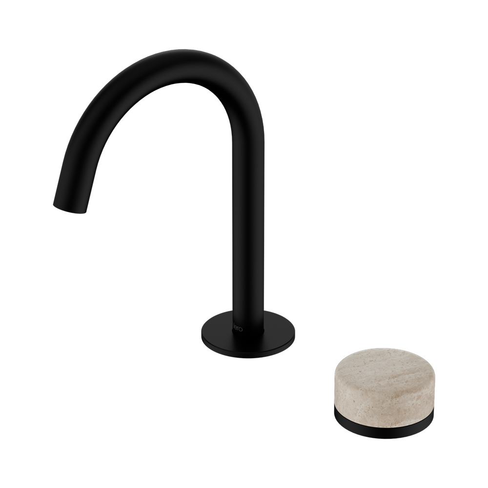 SERENITY PROGRESSIVE BASIN MIXER ARC SPOUT WITH ROME TRAVERTINE HANDLE MATTE BLACK