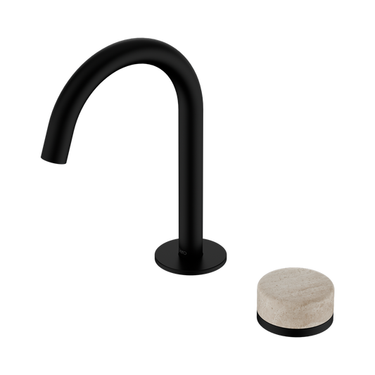 SERENITY PROGRESSIVE BASIN MIXER ARC SPOUT WITH ROME TRAVERTINE HANDLE MATTE BLACK