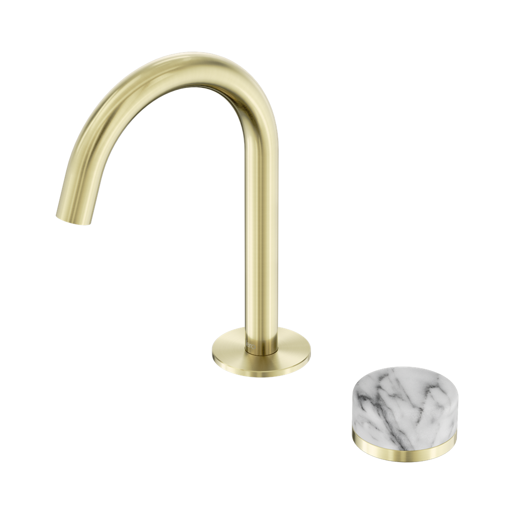 SERENITY PROGRESSIVE BASIN MIXER ARC SPOUT WITH ARABESCATO CORCHIA HANDLE BRUSHED GOLD