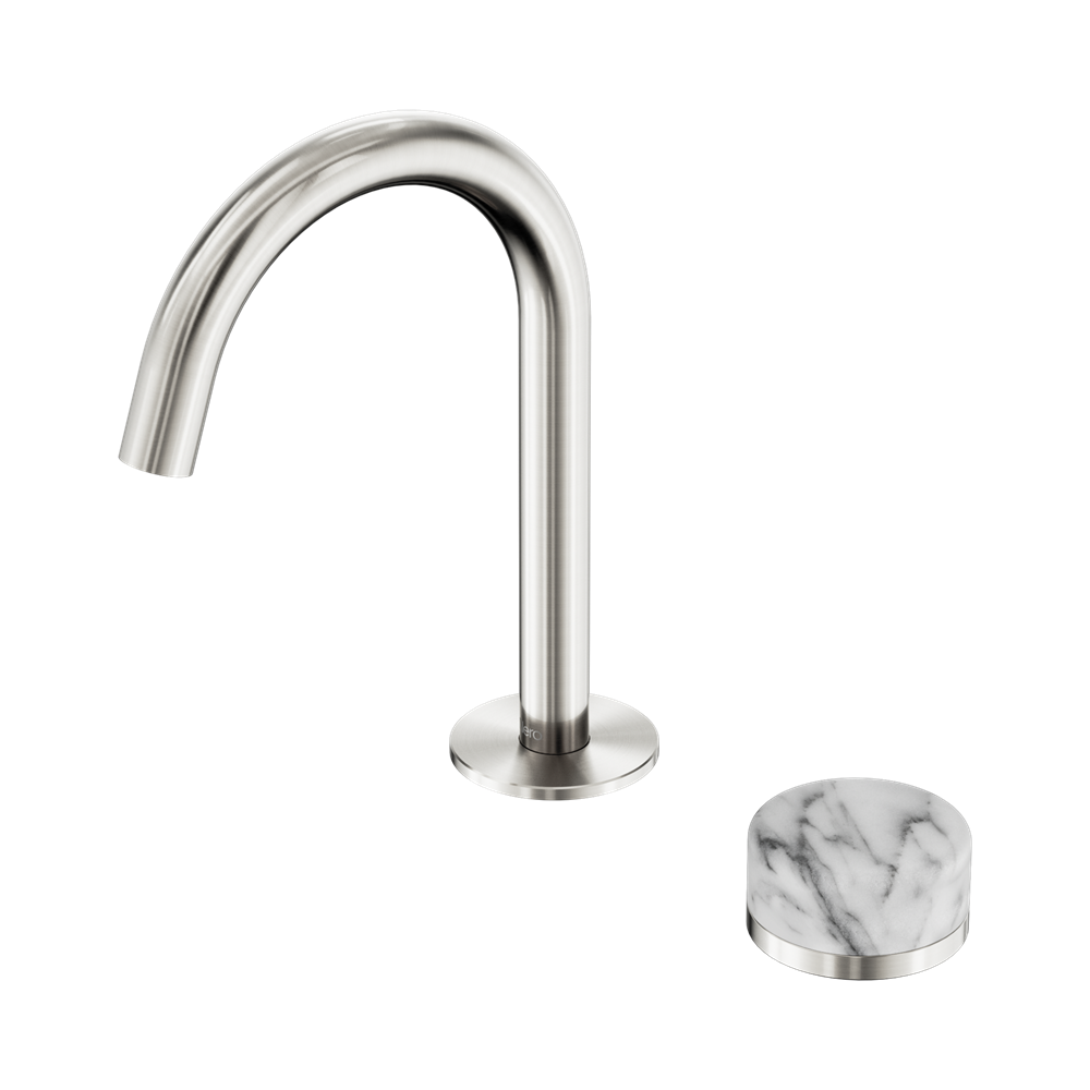 SERENITY PROGRESSIVE BASIN MIXER ARC SPOUT WITH ARABESCATO CORCHIA HANDLE BRUSHED NICKEL