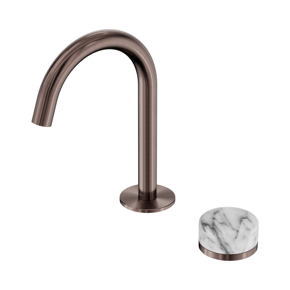 SERENITY PROGRESSIVE BASIN MIXER ARC SPOUT WITH ARABESCATO CORCHIA HANDLE BRUSHED BRONZE