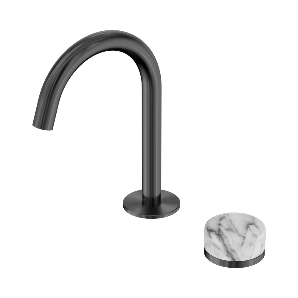 SERENITY PROGRESSIVE BASIN MIXER ARC SPOUT WITH ARABESCATO CORCHIA HANDLE GUN METAL