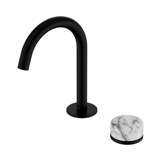 SERENITY PROGRESSIVE BASIN MIXER ARC SPOUT WITH ARABESCATO CORCHIA HANDLE MATTE BLACK