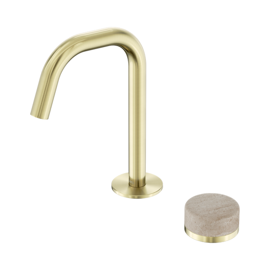 SERENITY PROGRESSIVE BASIN MIXER EDGE SPOUT WITH ROME TRAVERTINE HANDLE BRUSHED GOLD