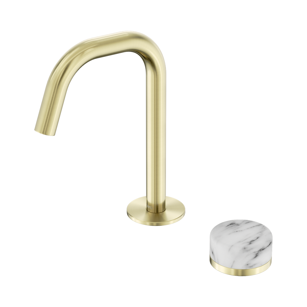 SERENITY PROGRESSIVE BASIN MIXER EDGE SPOUT WITH ARABESCATO CORCHIA HANDLE BRUSHED GOLD