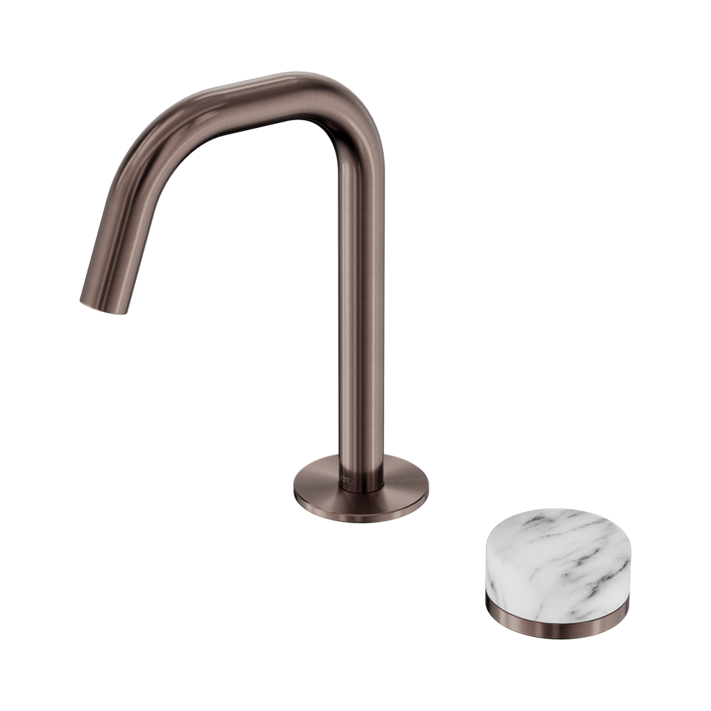 SERENITY PROGRESSIVE BASIN MIXER EDGE SPOUT WITH ARABESCATO CORCHIA HANDLE BRUSHED BRONZE