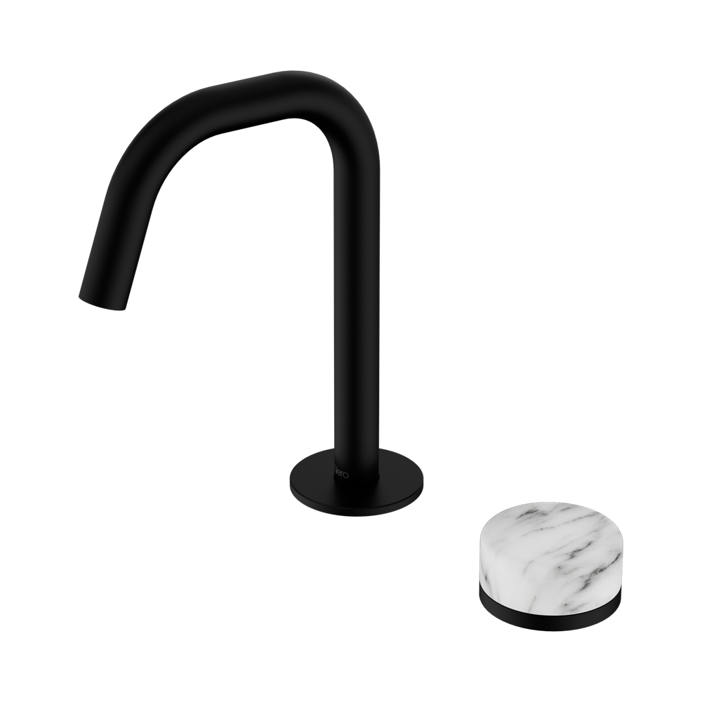 SERENITY PROGRESSIVE BASIN MIXER EDGE SPOUT WITH ARABESCATO CORCHIA HANDLE MATTE BLACK