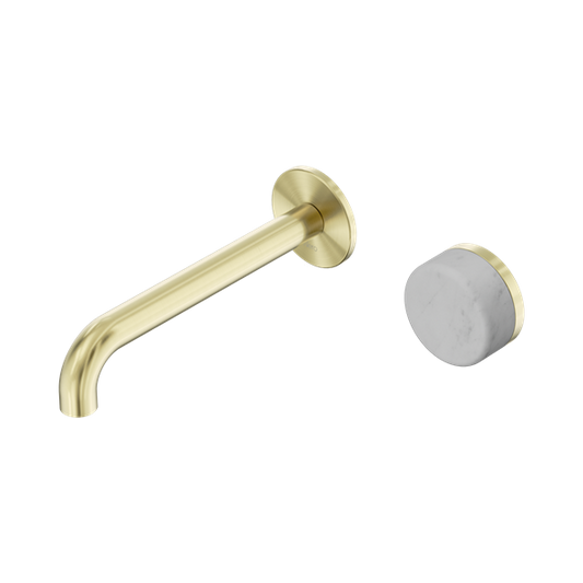 SERENITY PROGRESSIVE WALL BASIN MIXER 160/185/220MM SPOUT WITH CARRARA HANDLE BRUSHED GOLD