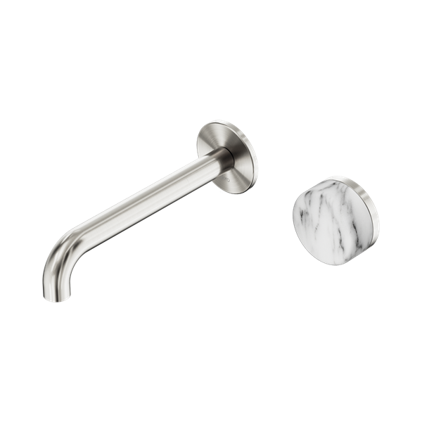 SERENITY PROGRESSIVE WALL BASIN MIXER 160/185/220MM SPOUT WITH ARABESCATO CORCHIA HANDLE BRUSHED NICKEL
