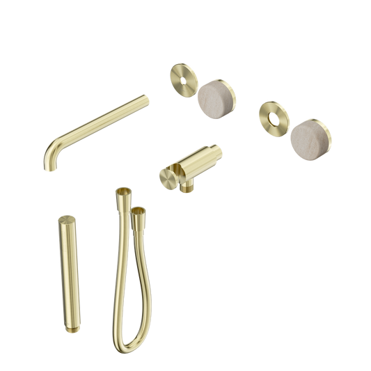 SERENITY PROGRESSIVE SHOWER SYSTEM WITH SPOUT WITH ROME TRAVERTINE HANDLE AND SLIM SHOWER TRIM KIT ONLY BRUSHED GOLD