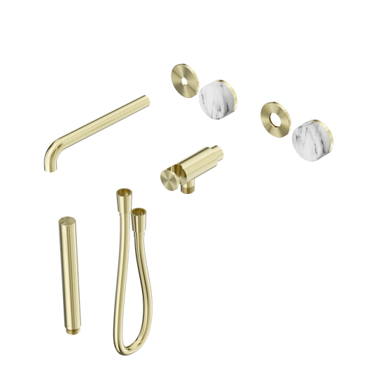 SERENITY PROGRESSIVE SHOWER SYSTEM WITH SPOUT WITH ARABESCATO CORCHIA HANDLE AND SLIM SHOWER TRIM KIT ONLY BRUSHED GOLD