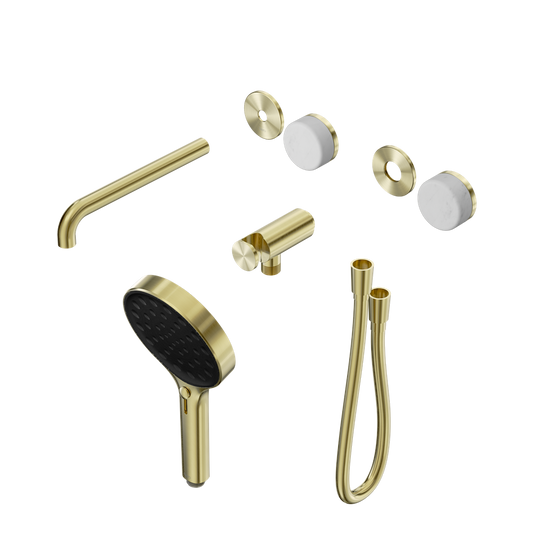 SERENITY PROGRESSIVE SHOWER SYSTEM WITH SPOUT WITH CARRARA HANDLE AND SERENITY HAND SHOWER TRIM KIT ONLY BRUSHED GOLD