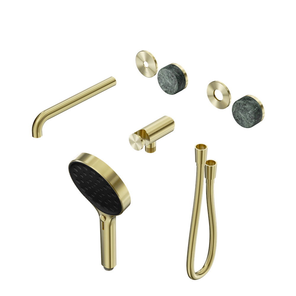 SERENITY PROGRESSIVE SHOWER SYSTEM WITH SPOUT WITH VERDE ALPI HANDLE AND SERENITY HAND SHOWER TRIM KIT ONLY BRUSHED GOLD