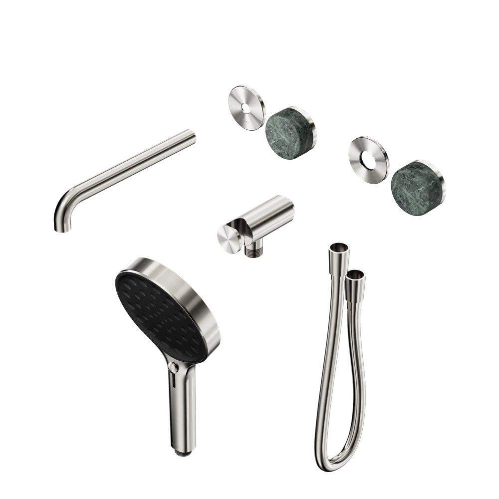 SERENITY PROGRESSIVE SHOWER SYSTEM WITH SPOUT WITH VERDE ALPI HANDLE AND SERENITY HAND SHOWER TRIM KIT ONLY BRUSHED NICKEL