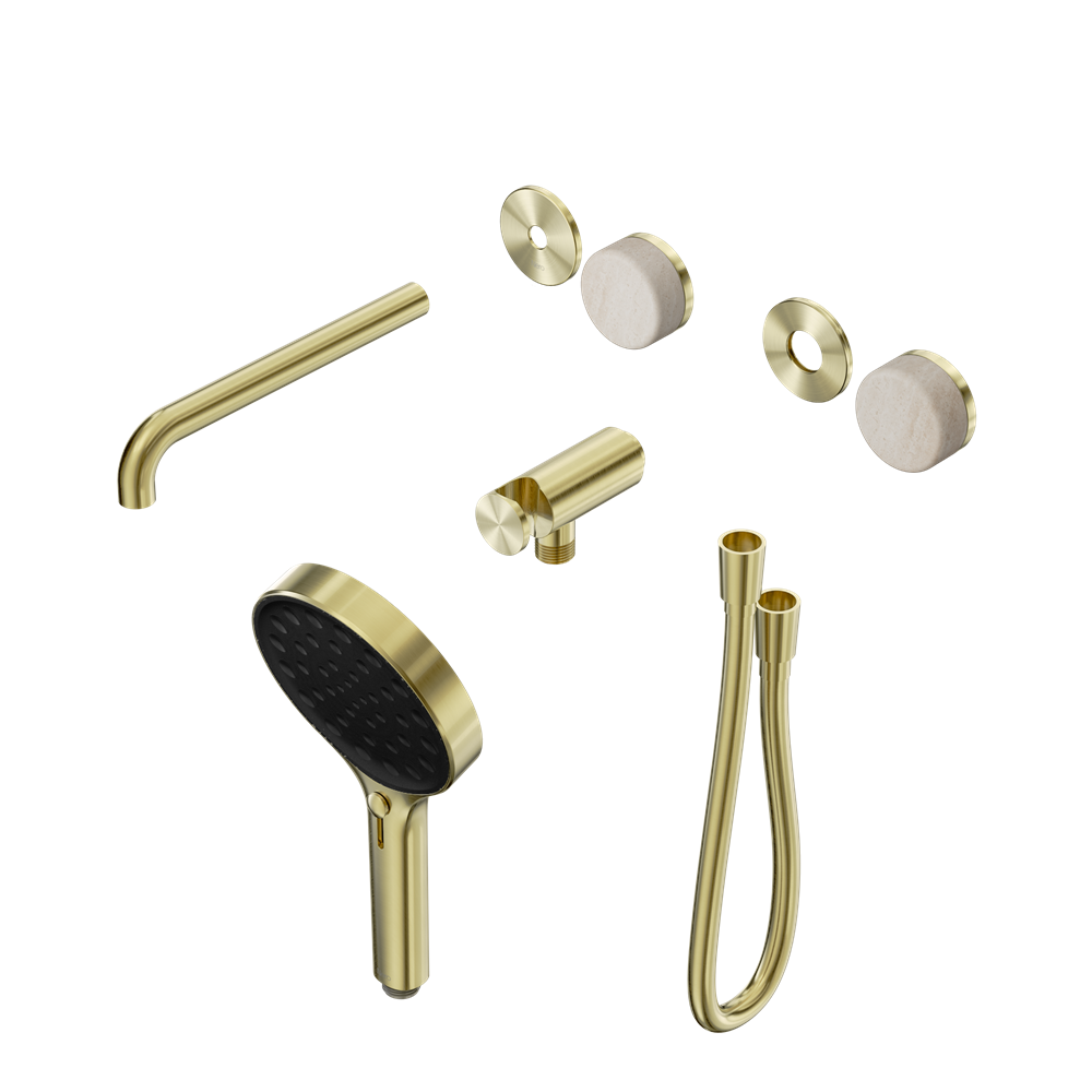 SERENITY PROGRESSIVE SHOWER SYSTEM WITH SPOUT WITH ROME TRAVERTINE HANDLE AND SERENITY HAND SHOWER TRIM KIT ONLY BRUSHED GOLD