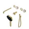 SERENITY PROGRESSIVE SHOWER SYSTEM WITH SPOUT WITH ROME TRAVERTINE HANDLE AND SERENITY HAND SHOWER TRIM KIT ONLY BRUSHED GOLD