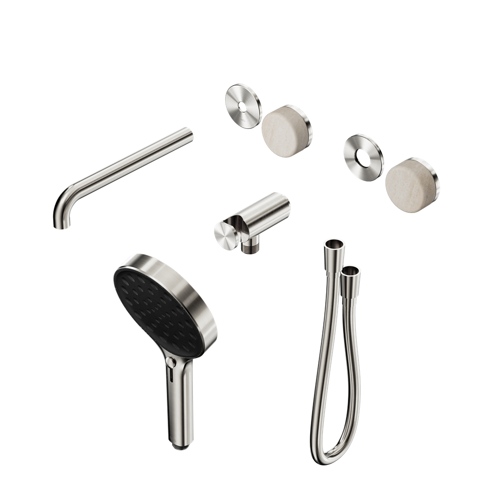 SERENITY PROGRESSIVE SHOWER SYSTEM WITH SPOUT WITH ROME TRAVERTINE HANDLE AND SERENITY HAND SHOWER TRIM KIT ONLY BRUSHED NICKEL