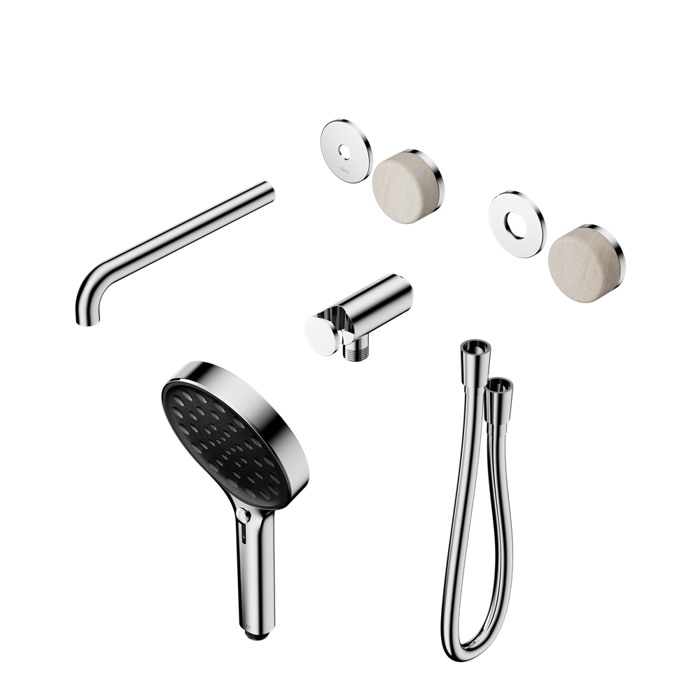 SERENITY PROGRESSIVE SHOWER SYSTEM WITH SPOUT WITH ROME TRAVERTINE HANDLE AND SERENITY HAND SHOWER TRIM KIT ONLY CHROME