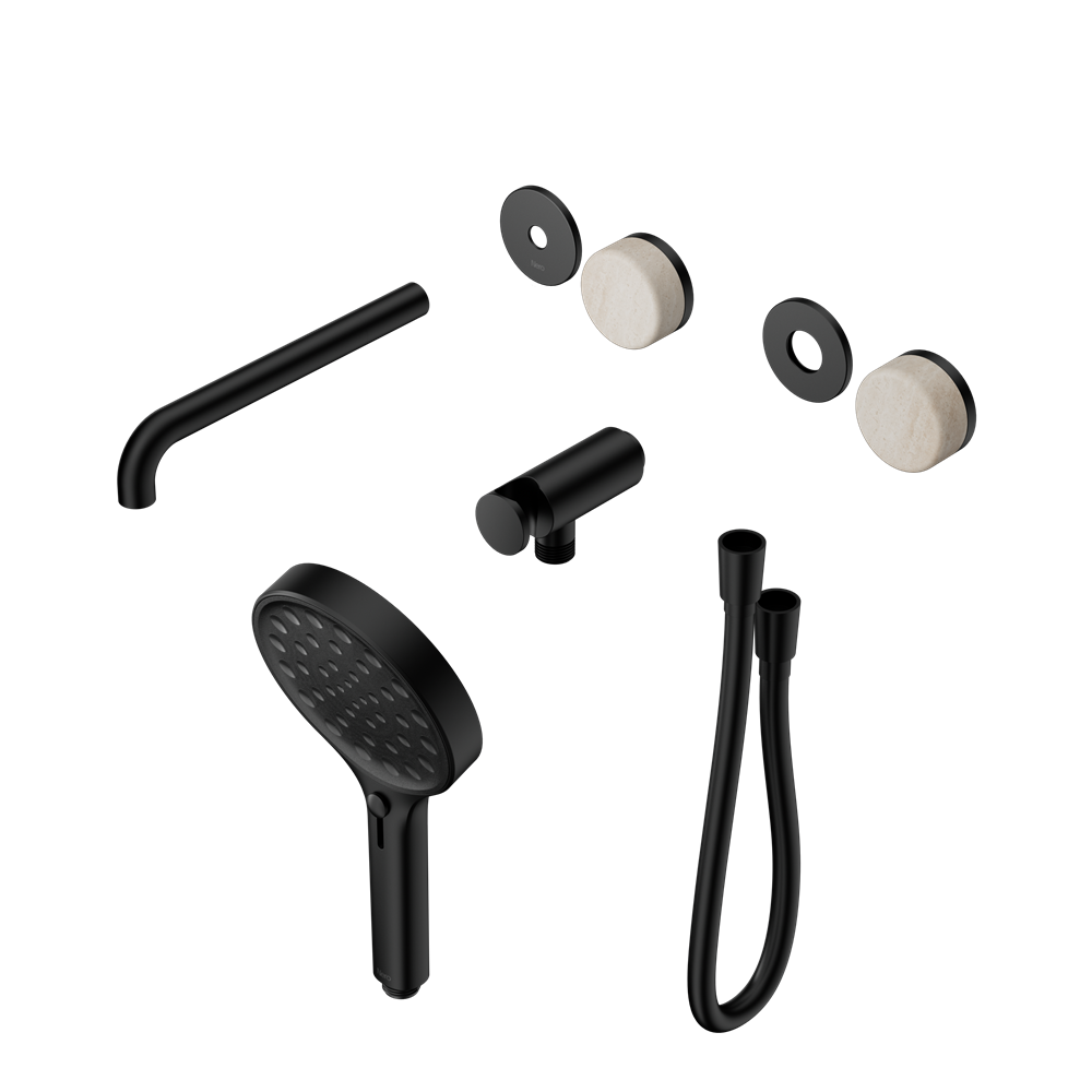 SERENITY PROGRESSIVE SHOWER SYSTEM WITH SPOUT WITH ROME TRAVERTINE HANDLE AND SERENITY HAND SHOWER TRIM KIT ONLY MATTE BLACK