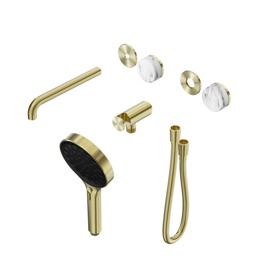 SERENITY PROGRESSIVE SHOWER SYSTEM WITH SPOUT WITH ARABESCATO CORCHIA HANDLE AND SERENITY HAND SHOWER TRIM KIT ONLY BRUSHED GOLD