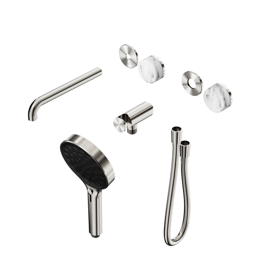 SERENITY PROGRESSIVE SHOWER SYSTEM WITH SPOUT WITH ARABESCATO CORCHIA HANDLE AND SERENITY HAND SHOWER TRIM KIT ONLY BRUSHED NICKEL
