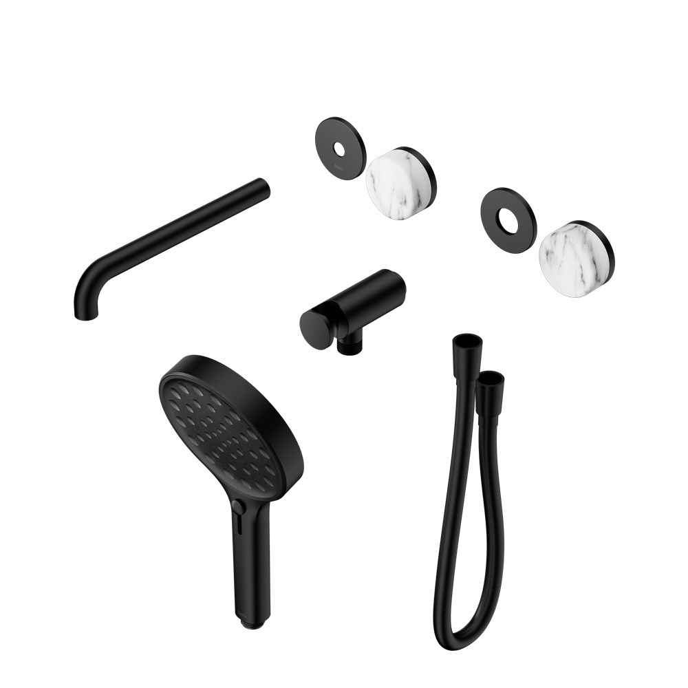 SERENITY PROGRESSIVE SHOWER SYSTEM WITH SPOUT WITH ARABESCATO CORCHIA HANDLE AND SERENITY HAND SHOWER TRIM KIT ONLY MATTE BLACK