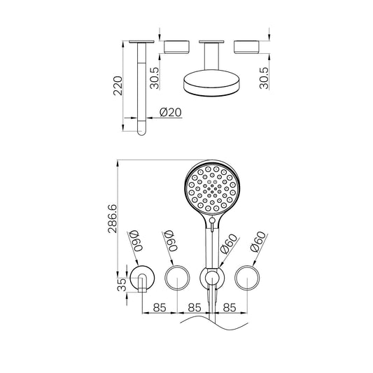 SERENITY PROGRESSIVE SHOWER SYSTEM WITH SPOUT WITH METAL HANDLE AND SERENITY HAND SHOWER TRIM KIT ONLY BRUSHED GOLD