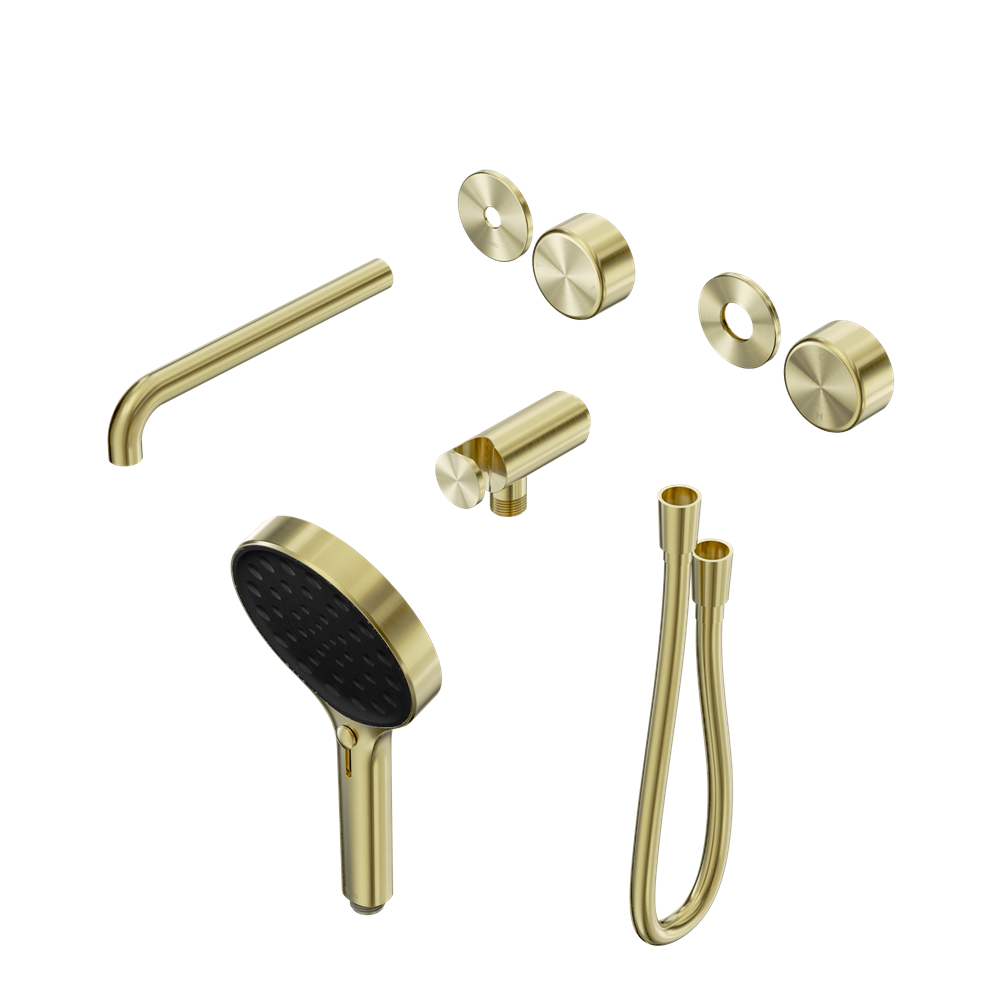SERENITY PROGRESSIVE SHOWER SYSTEM WITH SPOUT WITH METAL HANDLE AND SERENITY HAND SHOWER TRIM KIT ONLY BRUSHED GOLD
