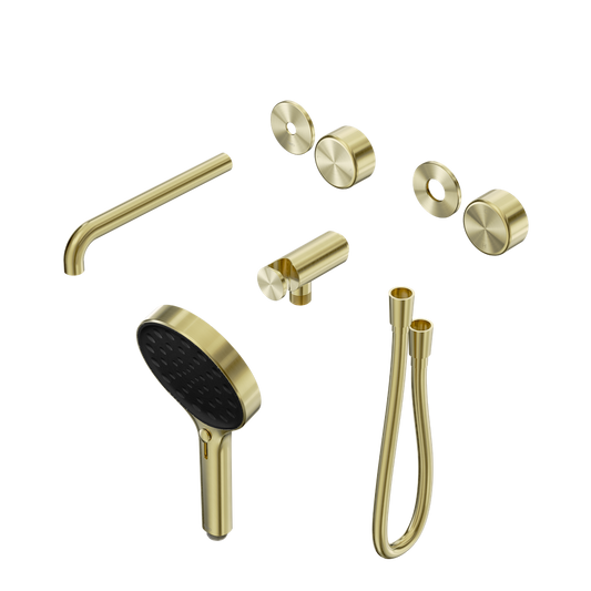 SERENITY PROGRESSIVE SHOWER SYSTEM WITH SPOUT WITH METAL HANDLE AND SERENITY HAND SHOWER TRIM KIT ONLY BRUSHED GOLD