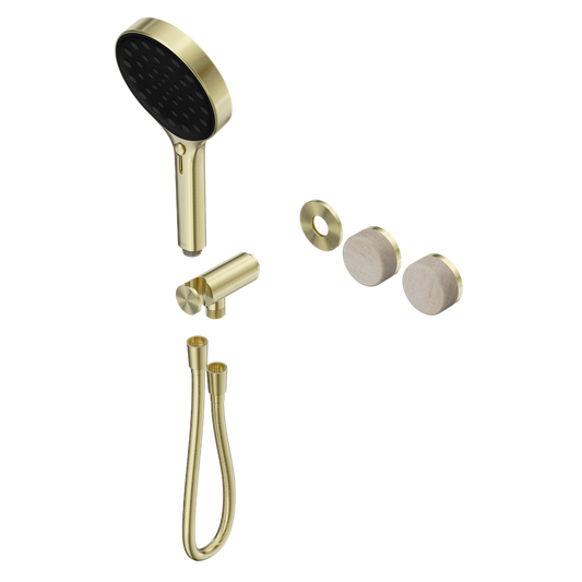SERENITY PROGRESSIVE SHOWER SYSTEM WITH ROME TRAVERTINE HANDLE AND SERENITY HAND SHOWER TRIM KIT ONLY BRUSHED GOLD
