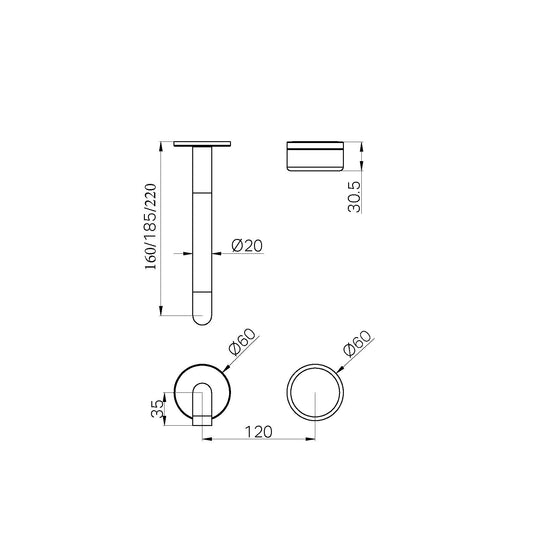 SERENITY PROGRESSIVE WALL BASIN MIXER 160/185/220MM SPOUT WITH VERDE ALPI HANDLE TRIM KIT ONLY BRUSHED NICKEL