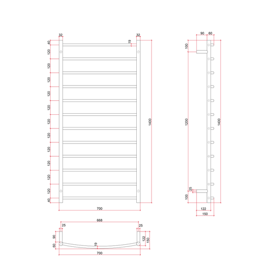 CR69M Curved Round Polished Ladder Heated Towel Rail