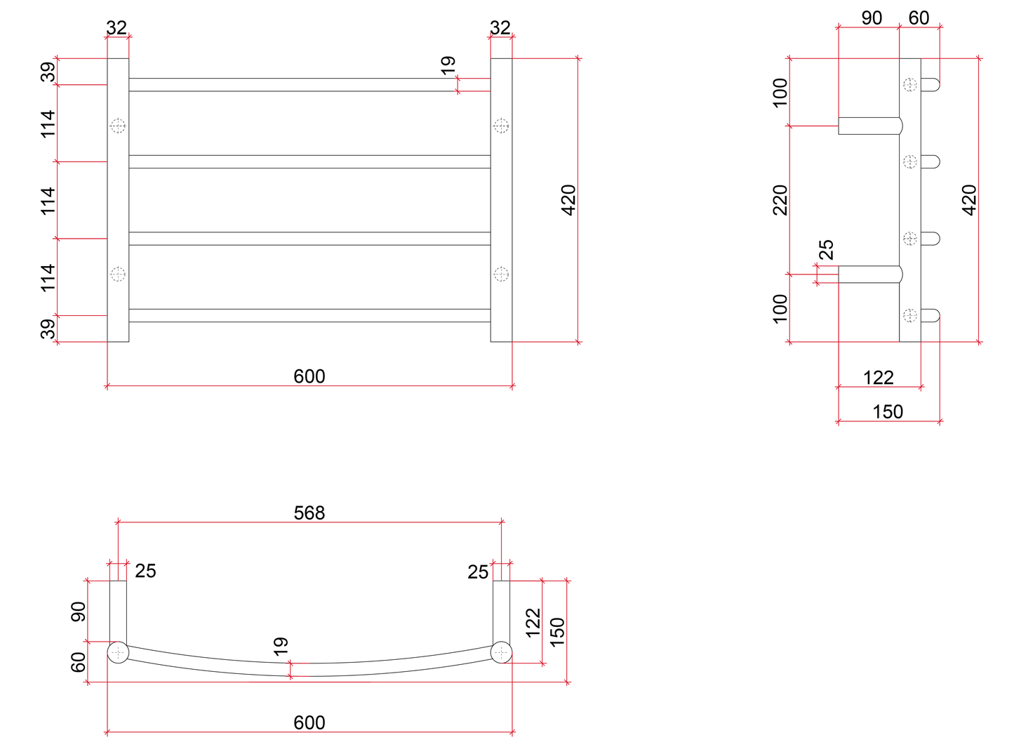 CR40M Curved Round Polished Ladder Heated Towel Rail