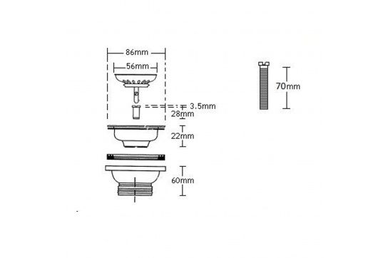 50 x 50mm Polished Stainless Steel Basket Waste with Long Screw